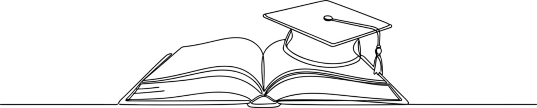 Minimalist line art illustration of an open book with a graduation cap placed on top, symbolizing education, knowledge, and academic achievement
