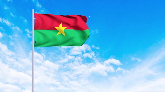 Flag of Burkina Faso Waving in the wind, blue sky with clouds Background, Slow Motion, Realistic Animation, 4K
