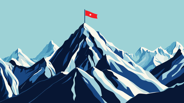 A stylized illustration features snow-capped mountains and a flag at the peak