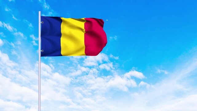 Flag of Chad Waving in the wind, blue sky with clouds Background, Slow Motion, Realistic Animation, 4K