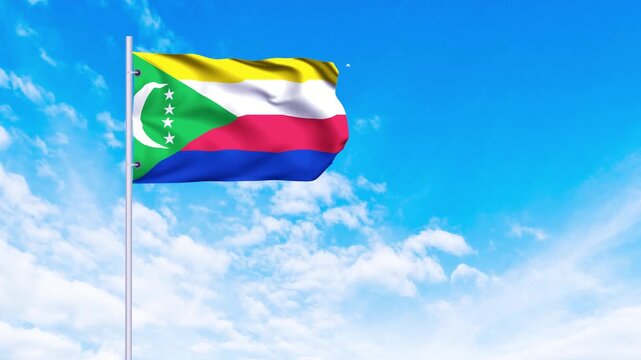 Flag of Comoros Waving in the wind, blue sky with clouds Background, Slow Motion, Realistic Animation, 4K