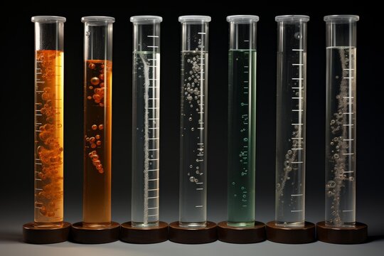 Graduated cylinders filled with liquids of different densities and colors, showing rising bubbles in a scientific experiment