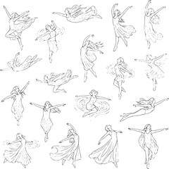 Fototapeta premium elegant ballet dancer line art poses set graceful movement monochrome sketch illustration