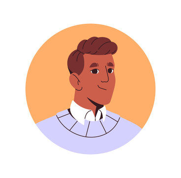 Round avatar of employee with happy emotions on face. Portrait of joyful man with smile in circle shape. Office worker, clerk user profile. Flat isolated vector illustration on white background