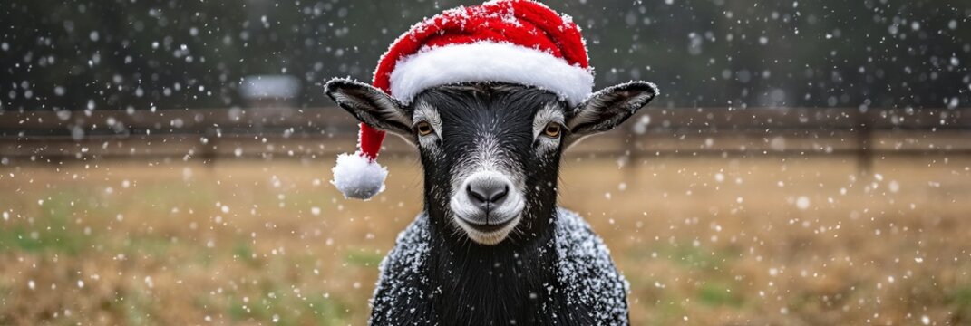 Charming Winter Solstice Celebration with Black Goat in Red Santa Hat Against Snowy Backdrop