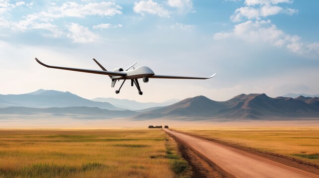 Fixed-wing drone flying over a rural dirt road across open plains with distant mountains under blue sky.