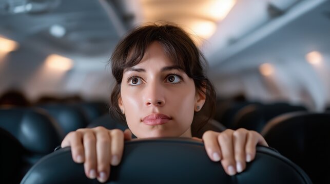 Worried airline passenger gripping seat back in airplane cabin during flight.