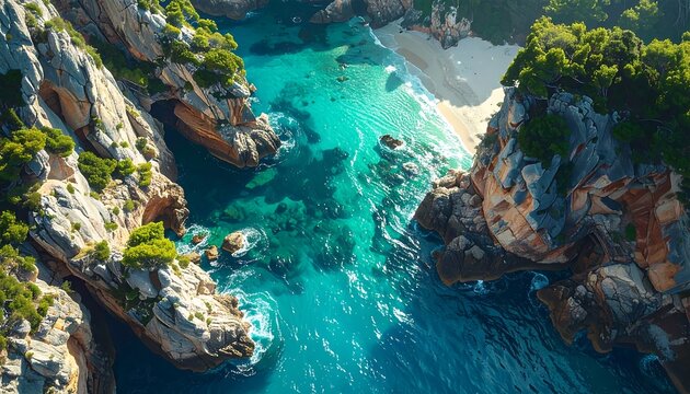 Aerial view of rocky coastline with turquoise water and lush greenery