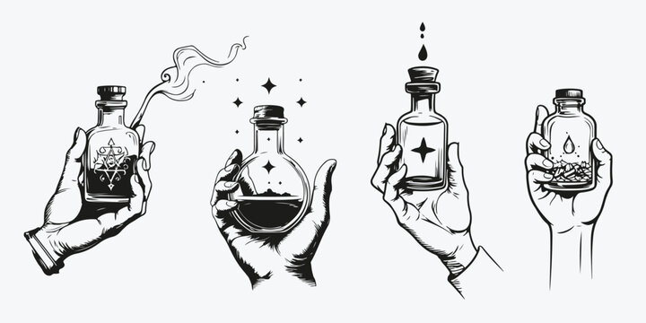 Hand holding magic potion sketch illustration vector set