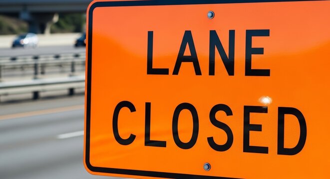 Lane closed sign on freeway with traffic in background and bright orange color highlighting important message. Lane closed alert on busy highway warns drivers to follow detours and safety measures.