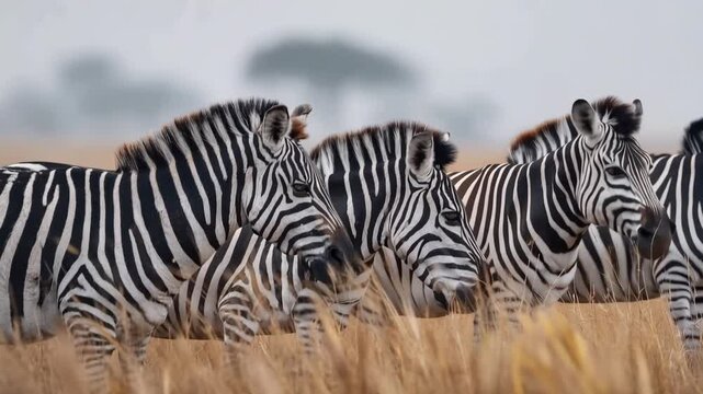 Zebras are standing in a close-up forming a repetitive pattern in dry savanna