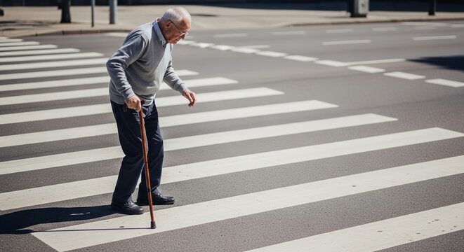 Elderly man with cane carefully crossing the road at crosswalk. Senior citizen using walking stick for support while navigating zebra crossing. Concept of road safety for elderly pedestrians.