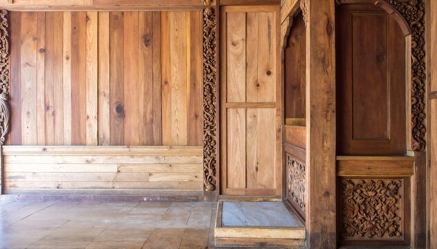 a warm wooden room with ornate carved wall panels, intricate floral motifs, and rich grain textures creating an elegant, traditional atmosphere