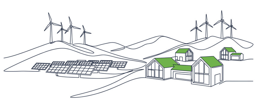 One line drawing of eco village with wind turbines and solar panels.