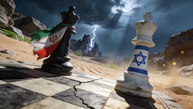 Iran and Israel Geopolitical Conflict Concept with Chess Pieces on Desert Battlefield 4K HD