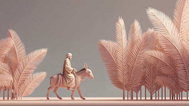 prompt Jesus riding a donkey aligned perfectly along a flat horizontal axis with palm branches arranged parallel to that line + structured composition emphasizing alignment and order + soft even light