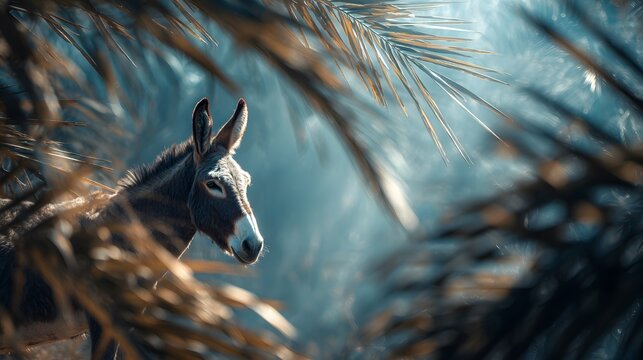 prompt Jesus on a donkey visible only through a very narrow vertical slice of the frame while palm branches fill the surrounding unseen space + restricted viewing environment emphasizing partial perce