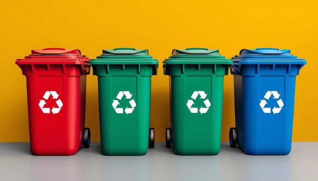 Three recycleable trash cans are lined up against a yellow wall