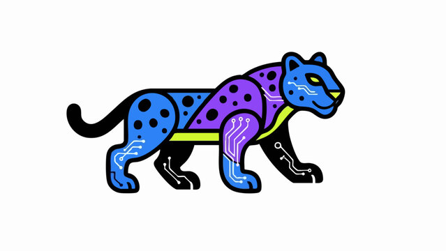Stylized neon cyber leopard illustration.