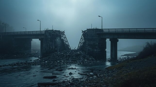 Infrastructure collapse broken bridge structure over river with copy space dramatic lighting foggy background