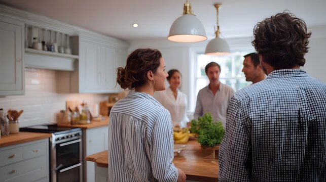 A group of people engaged in conversation within a brightly lit modern kitchen setting