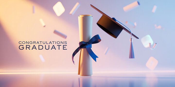 Modern graduation celebration with diploma scroll cap and floating confetti with congratulations graduate text
