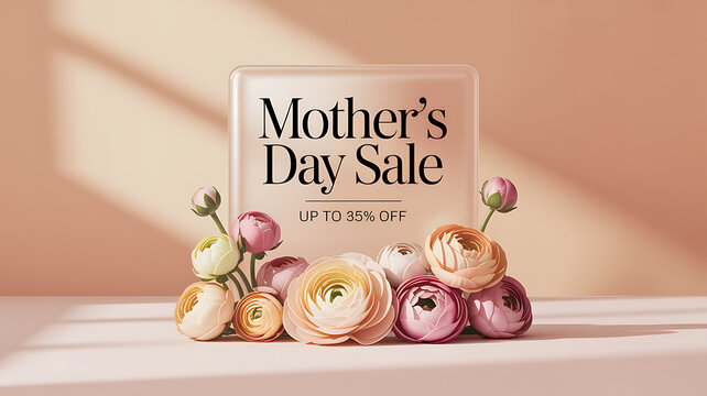 Mother's day sale banner with elegant flowers and discount offer typography on soft pastel background for promotion