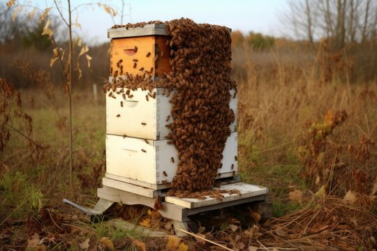 Bees creating a swarm cascade on a multi level langstroth hive in an apiary