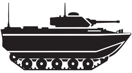 Black silhouette of a military tank armored combat vehicle with turret and tracks vector illustration © mbg