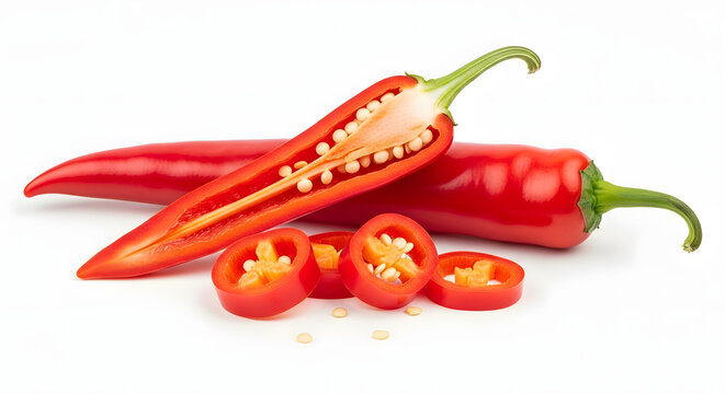 Red chili peppers sliced and whole on white background for food or spice concepts