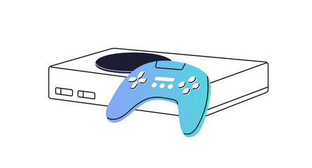 Modern videogame console with joystick in gradient style. Equipment to play video game with controller, gamepad. Gamers device icon. Flat isolated outline vector illustration on white background © Paper Trident