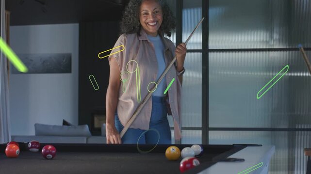 Green overlays floating showing entering woman while duo aiming cues prepping game shot pool table