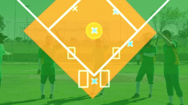 Five players moving infield, orange diamond fading, drawing paths and yellow path showing coaching