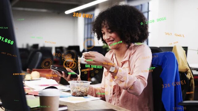 Office woman eating noodles and tapping smartphone during lunch, causing floating green orange data