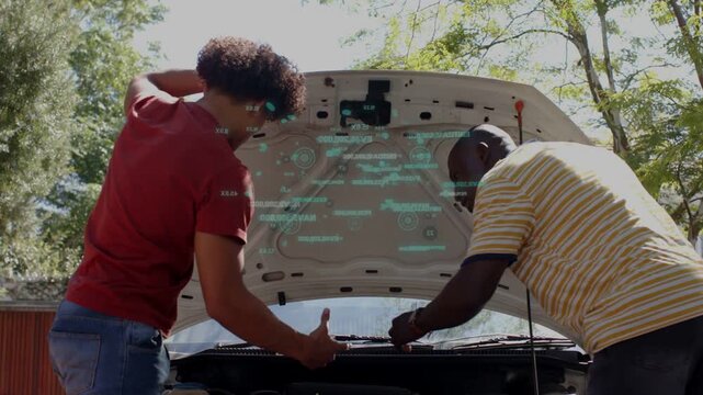 Men propping hood, leaning, checking dipstick for auto repair while teal HUD showing parts