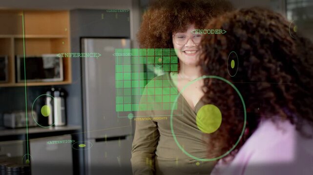 Woman smiling and speaking in kitchen, smile causing HUD scaling over face and chest while chatting