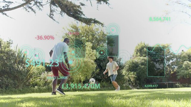 Left popping soccer ball with thigh, men practicing passes on lawn in athletic wear, HUD overlays