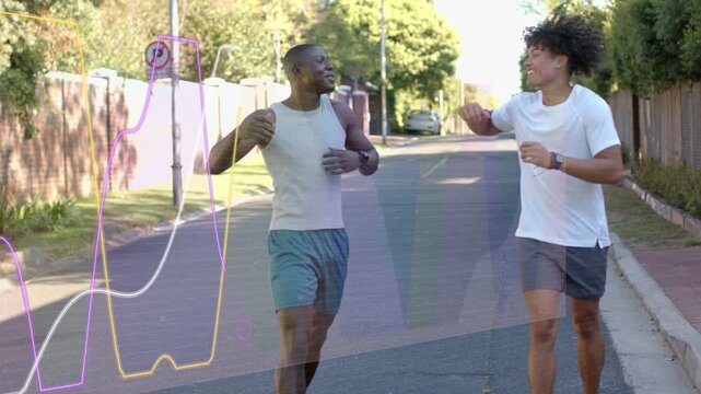 Runners jogging sunny street glancing and slowing into postrun hug shake as fitness data over frame