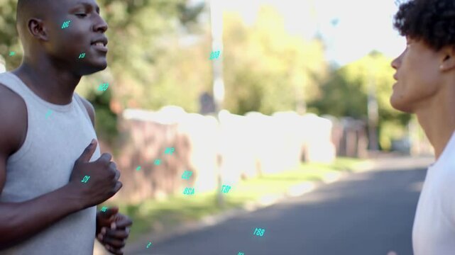Pausing after run two men tank top, white tee talking on shaded street with teal-numeric-overlay