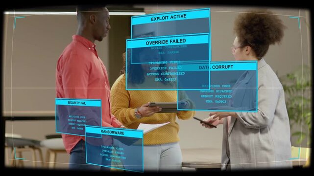 Three colleagues in meeting sharing info, security HUD appearing and causing tablet, phone checks