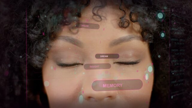 Holo overlays rising across female face, eyelids lifting, eyes opening, smiling, showing memory