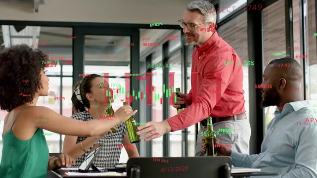 Man in red shirt handing bottles to team, financial overlay over group as toasting in celebration