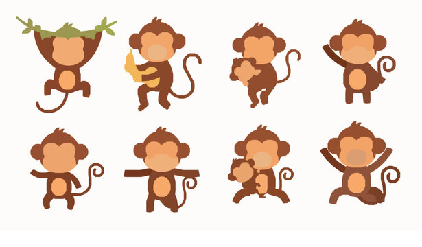 Cute monkey characters vector set with banana baby and jungle poses