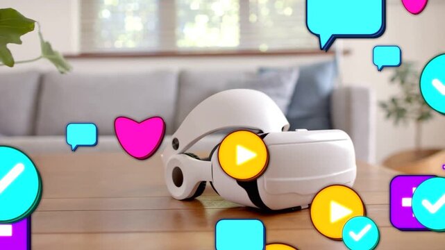 After first frame animated icons floating inward, covering wearable headset to show notifications