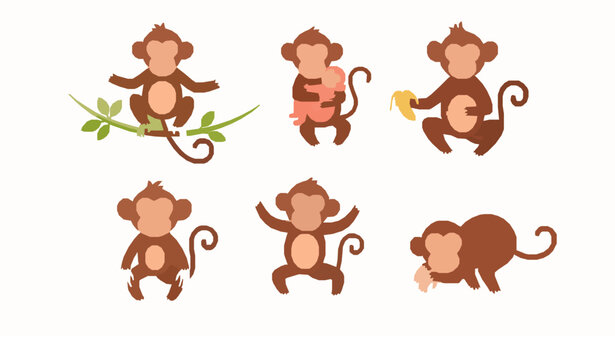 Funny monkey collection with baby banana and swinging jungle vector