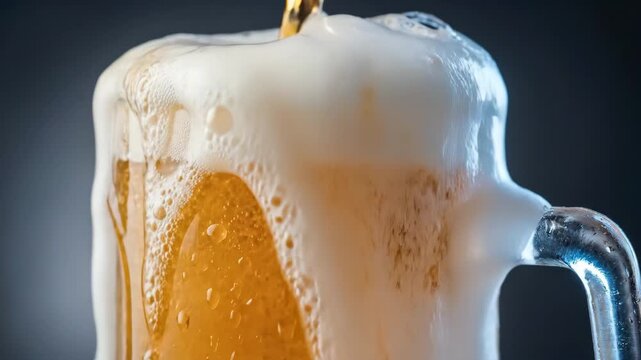 Golden beer being poured into glass mug. Frothy foam overflowing from vessel. Refreshing alcoholic drink served at tavern for celebration or festive party event.