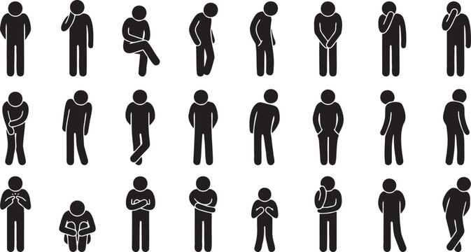 Minimal Vector Silhouette Set of Man Shy, Embarrassed, and Introverted Body Language Poses.