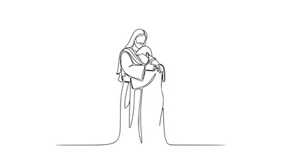 Obraz premium Continuous line spiritual embrace vector with Jesus and man minimalist faith compassion outline art