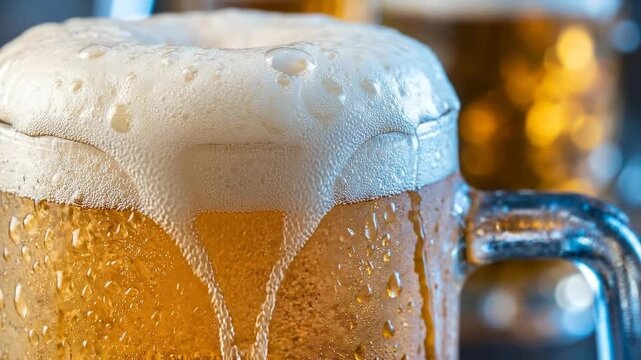 Beer pouring into glass mug with thick foam spilling over the edge. Refreshing alcoholic drink served at fest for celebration. Cold beverage for pub industry.