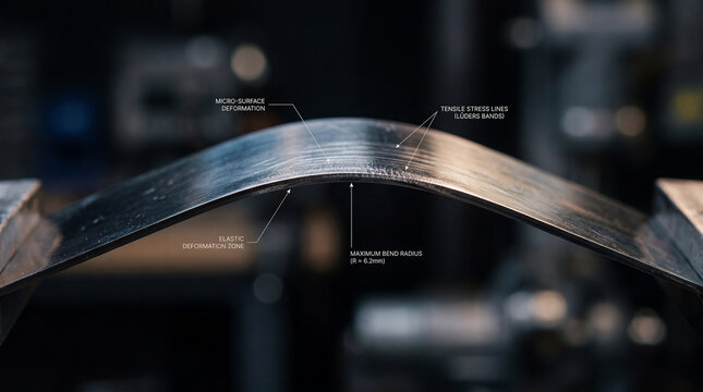 Steel samples undergo stress testing in a lab setting to analyze deformation and stress lines during the process